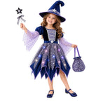 G`irls Purple Themed Dress Set, Kids Halloween Outfit with Witch Hat, Star Wand and Candy Pouch for Party Dress Up