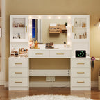 UGTOO LED Makeup Vanity Desk With Mirror, 58.27in, 10 Adjustable LED Bulbs, 8 Drawers, 2 Cabinets, White