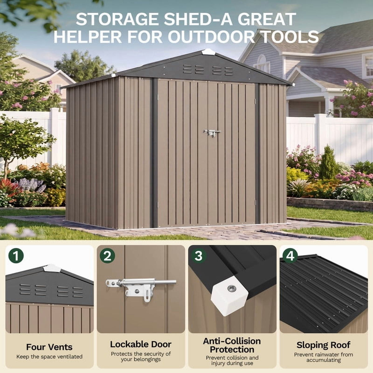 Homall 6 x 4 ft Outdoor Metal Storage Shed, Garden Tool Shed with Floor Frame & Lockable Double Doors for Backyard, Patio, Lawn, Brown