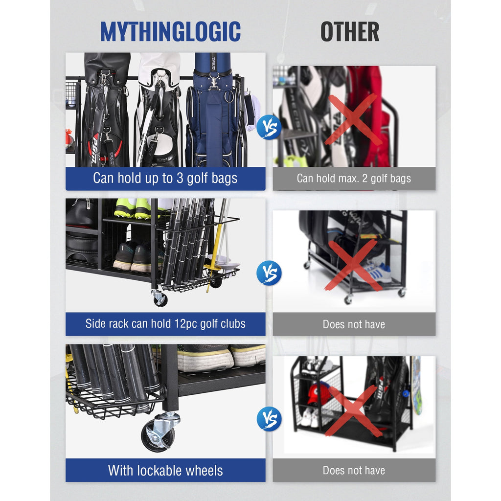 Mythinglogic Golf Bags Storage Rack with Wheels, Holds 3 Bags, Garage Organizer