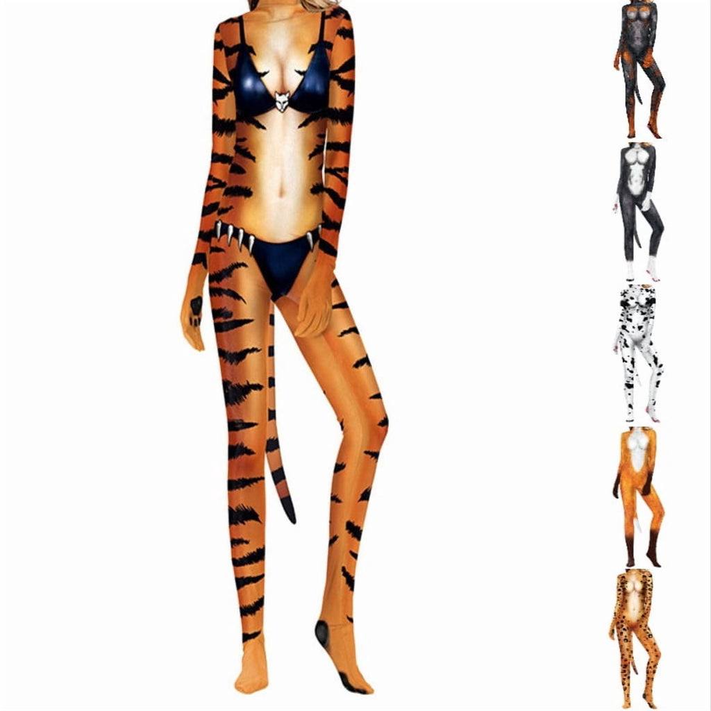 Krdevn Men 3D Animal Cosplay Bodysuit, Full‑Body Stretch Jumpsuit Costume with Tail for Halloween