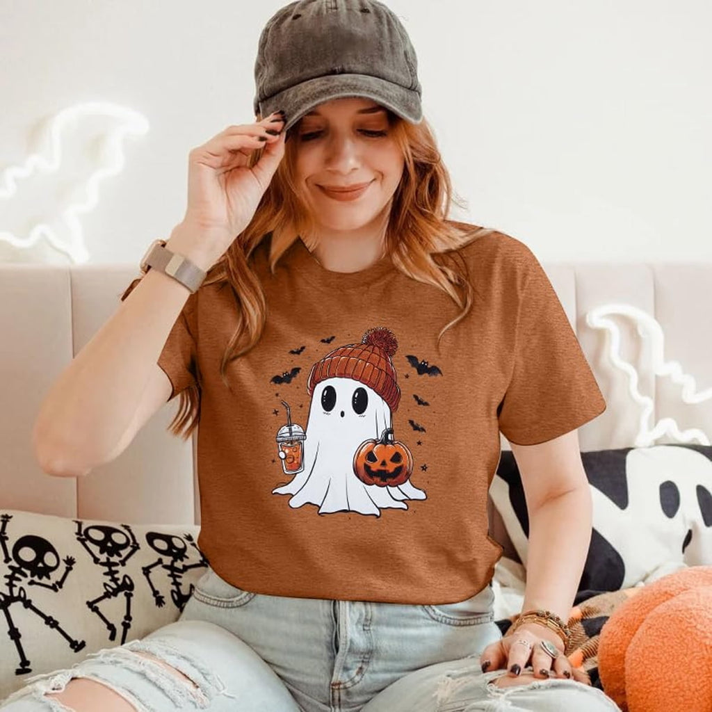 KimSoong Women Halloween T-Shirt Cute Ghost Fall Pumpkin Graphic Shirt Coffee Lover Tees Short Sleeve Tops
