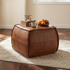 Poshby Genuine Leather Pouf Ottoman with Handmade Stuffed Foot Stool for Living Room&Bedroom, Brown