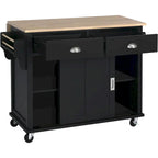 Rubberwood Kitchen Island Cart With Drop-Leaf Countertop, Concealed Barn Door Storage And 4 Locking Casters - 52.2 x 30.5 x 36.6 Inches