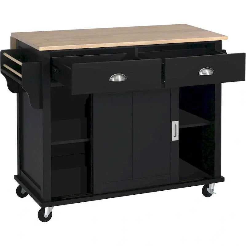 Rubberwood Kitchen Island Cart With Drop-Leaf Countertop, Concealed Barn Door Storage And 4 Locking Casters - 52.2 x 30.5 x 36.6 Inches