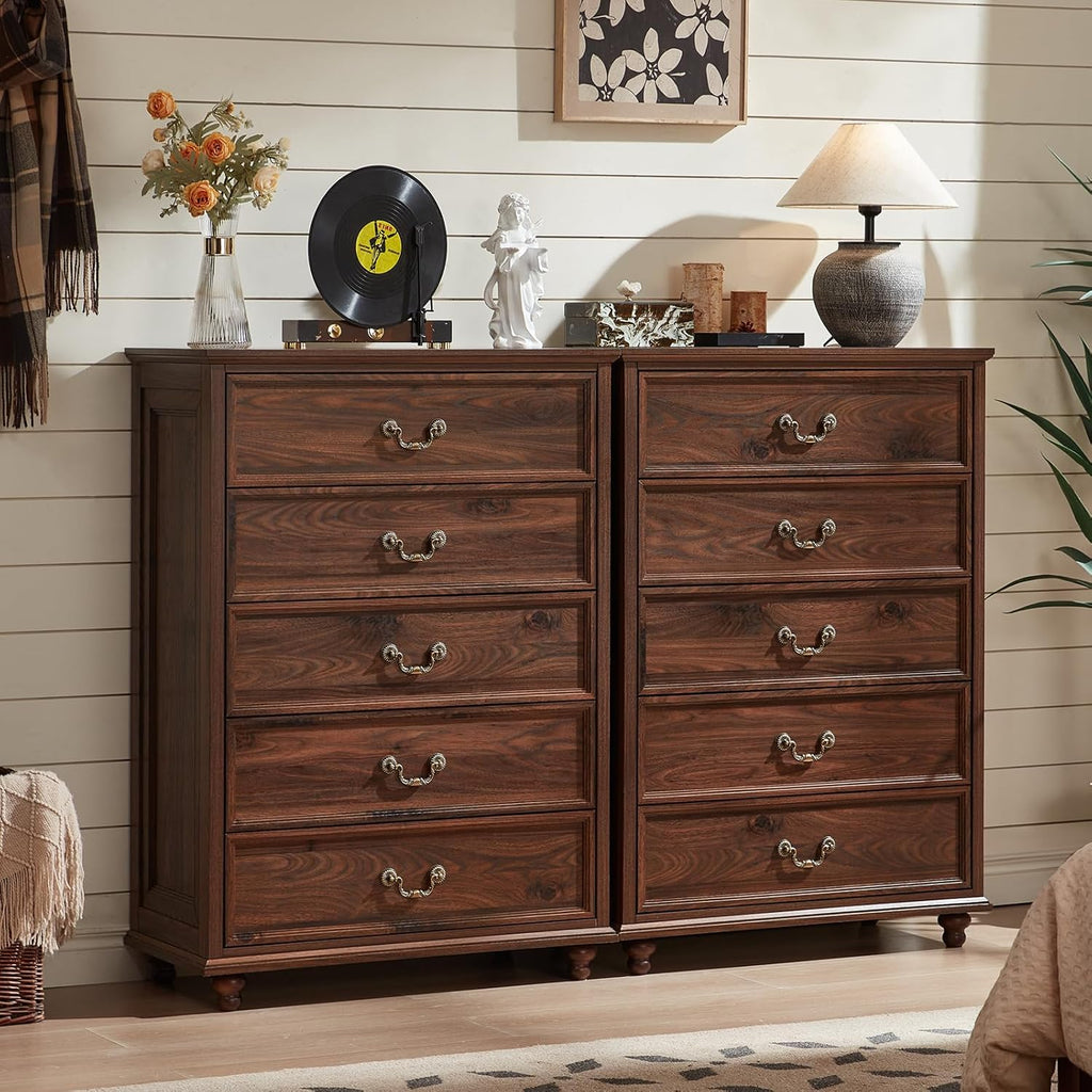 Joaxswe Farmhouse 5 Drawer Dresser, 31.5in W x 15.74in D x 44.9in H, Brown