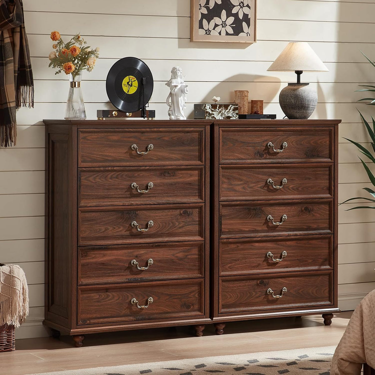 Joaxswe Farmhouse 5 Drawer Dresser, 31.5in W x 15.74in D x 44.9in H, Brown