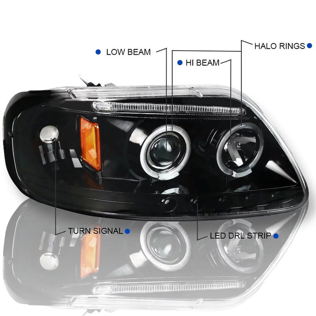 Spec-D Tuning Black LED Strip Projector Headlights With 6-LED Fog Lamps - Ford F150 Flareside 1997-2003, 04 Heritage