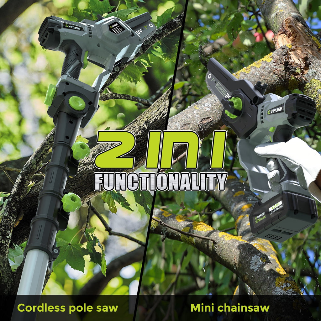 Vipuse 2-in-1 Cordless Pole Saw with 4.0Ah Rechargeable Batteries and 2.0Ah Fast Charger,16ft Max Extension,7 inch Mini Brushless Chainsaws for Tree