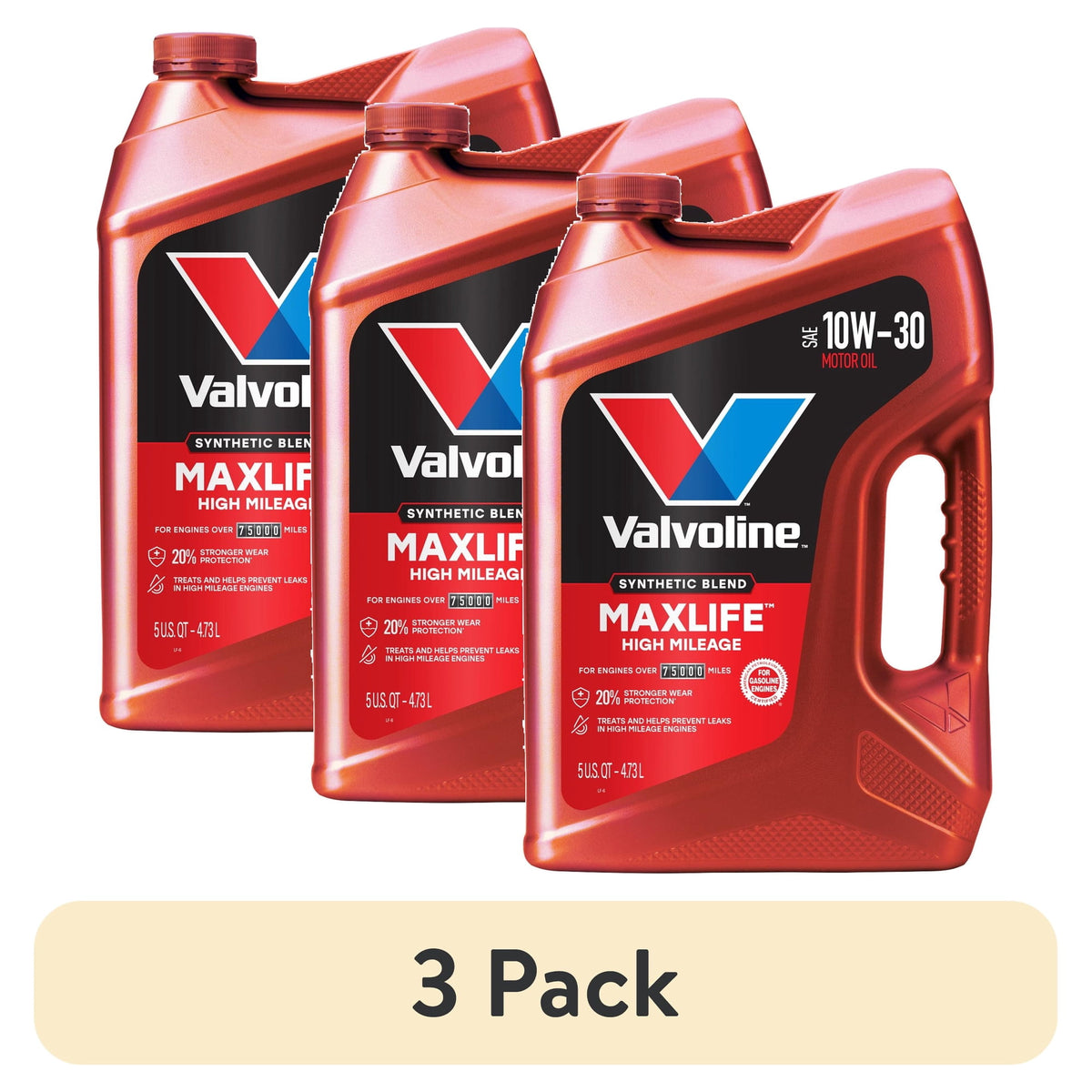 3 pack) Valvoline MaxLife High Mileage 10W-30 Synthetic Blend Motor Oil 5 Quart