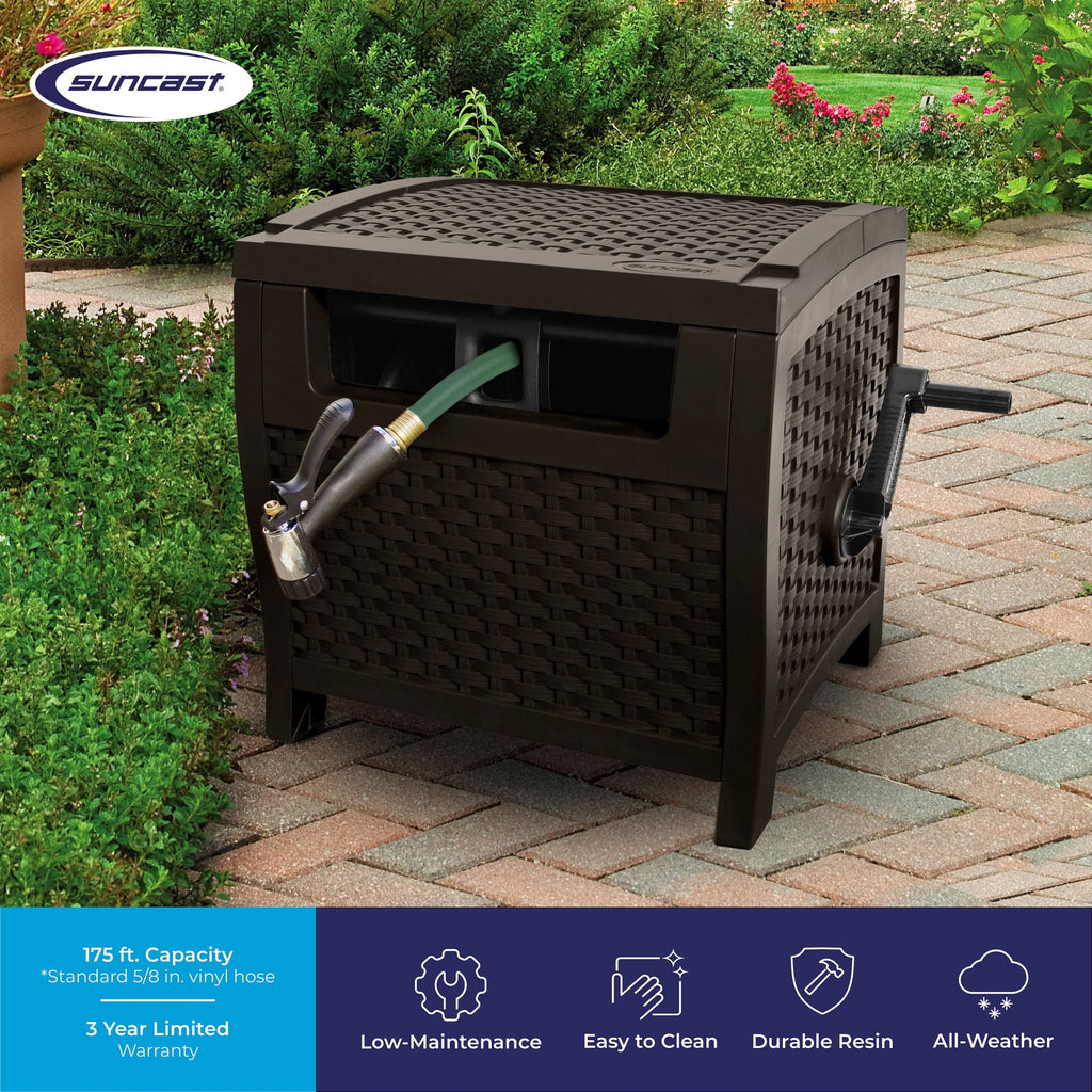 Suncast 175 Foot Slide Trak Outdoor Garden Resin Water Hose Reel, Hose Hideaway, Mocha Brown