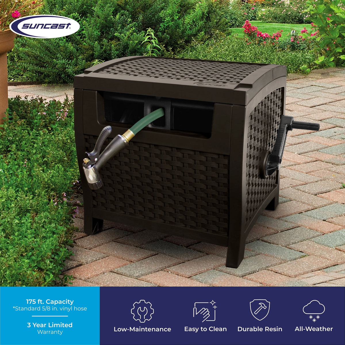 Suncast 175 Foot Slide Trak Outdoor Garden Resin Water Hose Reel, Hose Hideaway, Mocha Brown