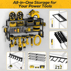 Riousery Power Tool Organizer Wall Mount, 4-Tier Heavy-Duty Carbon Steel Storage Rack with 8 Drill Holders, 3 Side Hooks, 350 LBS Capacity