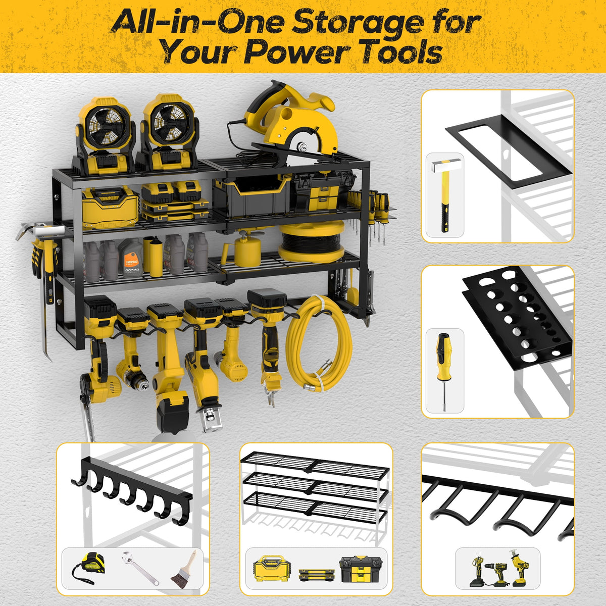 Riousery Power Tool Organizer Wall Mount, 4-Tier Heavy-Duty Carbon Steel Storage Rack with 8 Drill Holders, 3 Side Hooks, 350 LBS Capacity