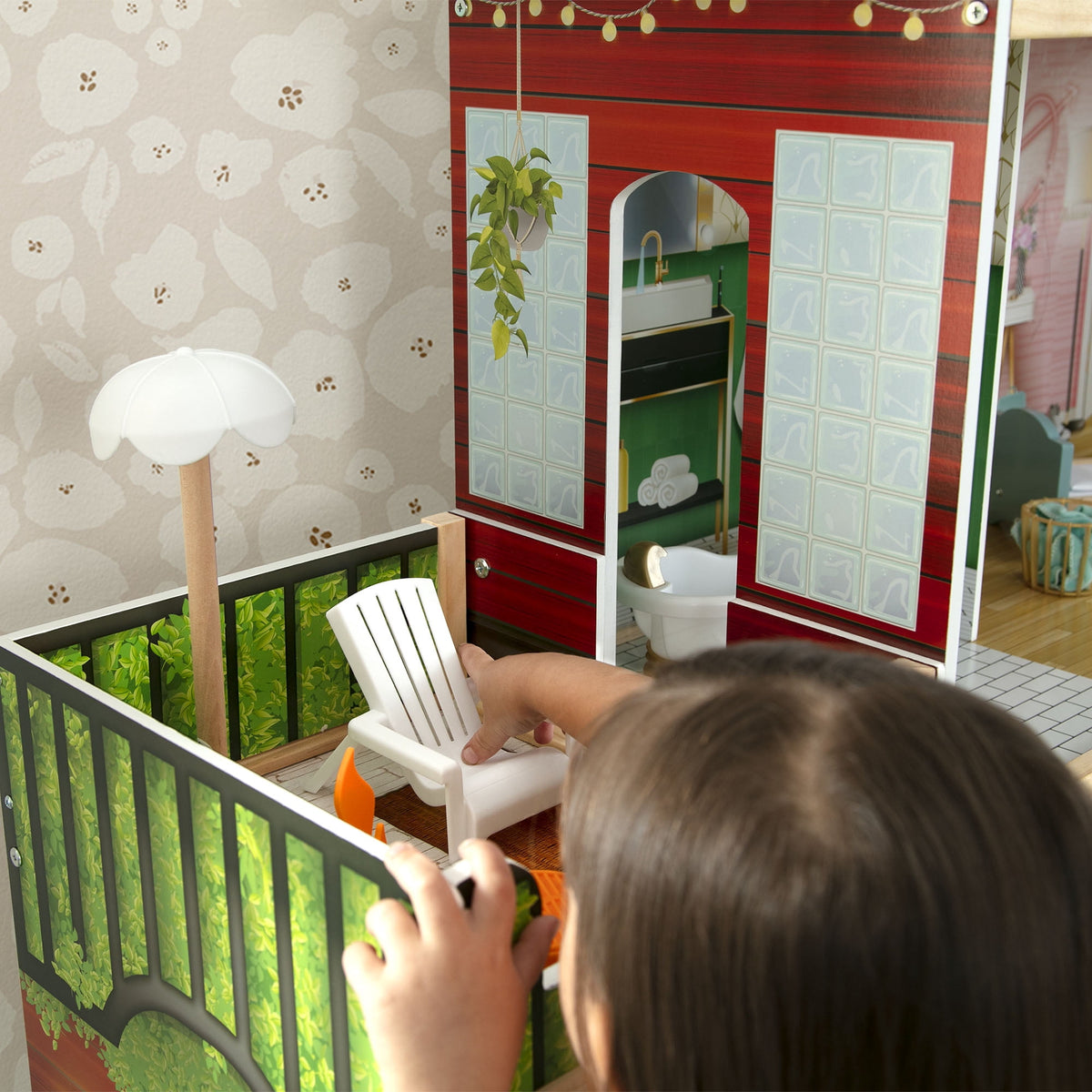 Delta Children Deluxe Maui Dollhouse with 50 Accessories - Large Wooden 4-Story Dollhouse with 12 Rooms - Working Elevator, Slide, Lights/Sounds
