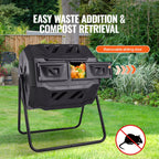 KFFKFF Compost Bin 43 Gal Dual-Chamber Composter Tumbler Rotating Sliding Door 29 x 24.6 x 37.6 in