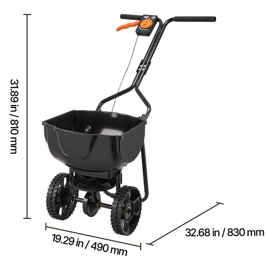 KFFKFF Walk-Behind Spreader Steel Frame Plastic Hopper 15lb Capacity 9.8ft Broadcast Width 10 Inch Pneumatic Tires Adjustable Flow Lawn Fertilizer