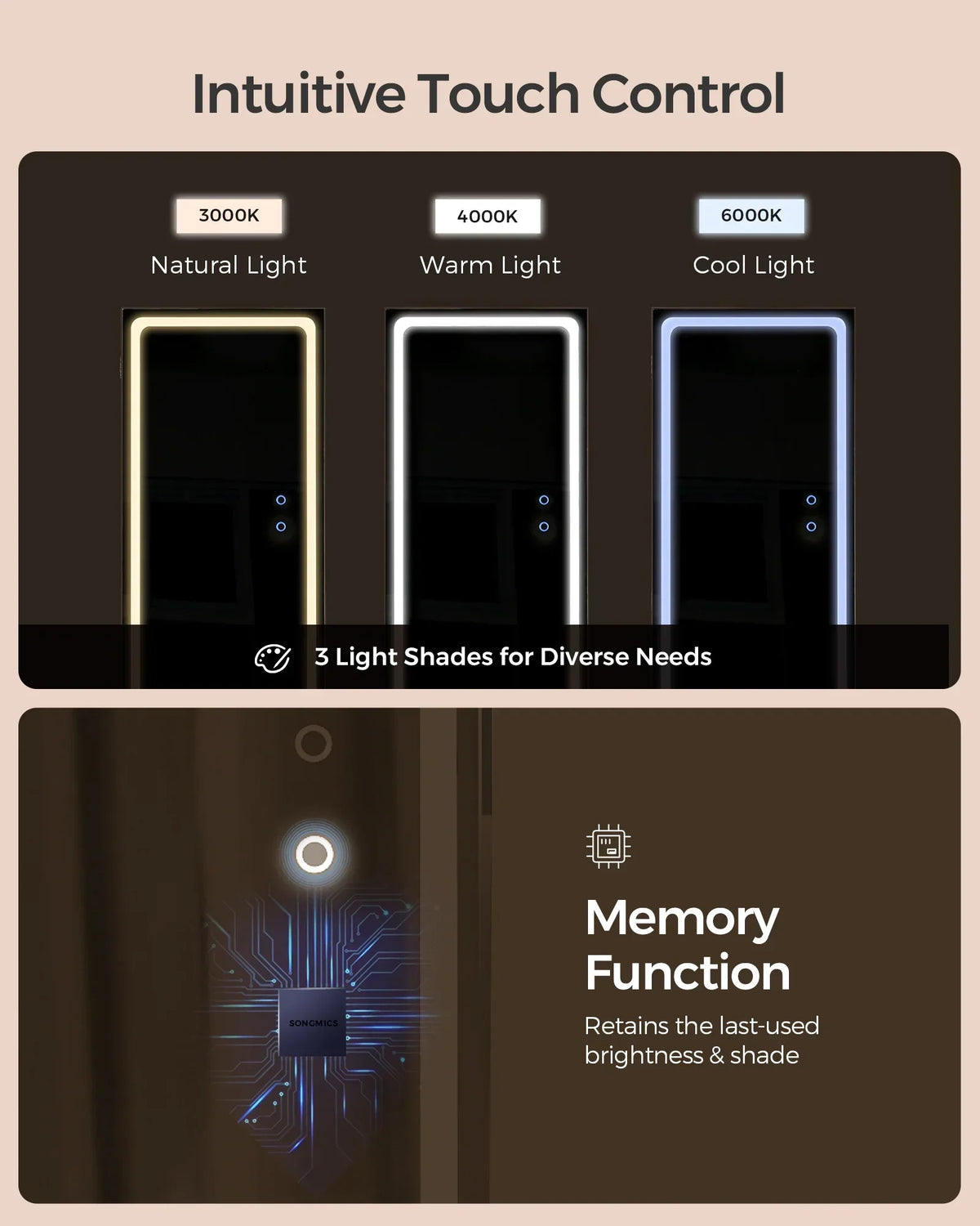 SONGMICS LED Mirror Jewelry Cabinet With Full-Length Mirror, 21.59in D x 21.59in W x 62.59in H