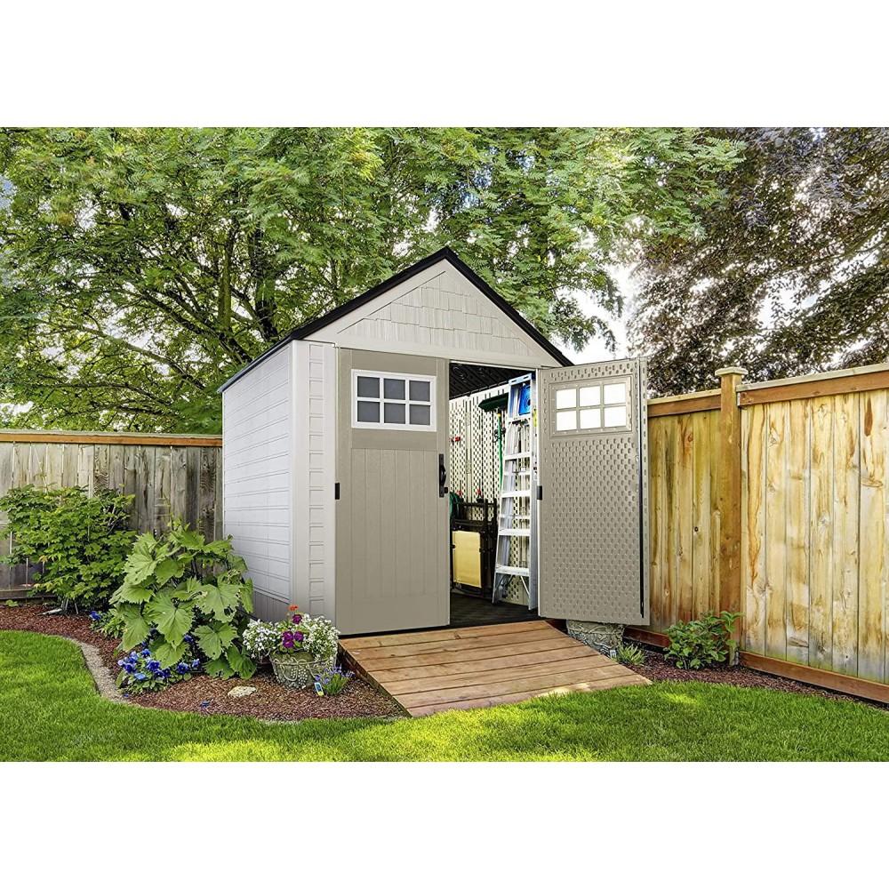 Rubbermaid Resin Outdoor Garden Storage Shed With Windows And Utility Hooks, Sand - 7x7 Ft