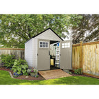 Rubbermaid Resin Outdoor Garden Storage Shed With Windows And Utility Hooks, Sand - 7x7 Ft