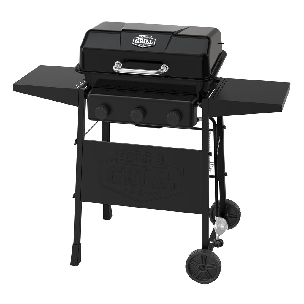 Expert Grill 3-Burner Propane Gas Grill with Side Shelves and Wheels, Black