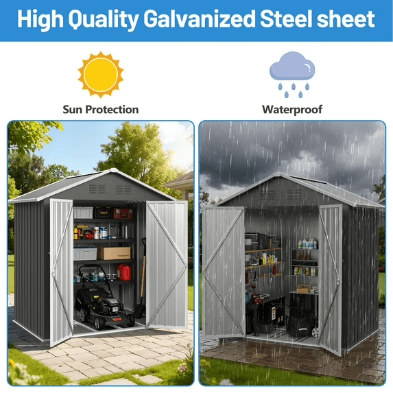 6' x 4' Outdoor Storage Shed with Base, ENYOPRO Galvanized Metal Garden Tool Shed with Lockable Double Doors, Sloped Roof & Vent for Backyard Patio