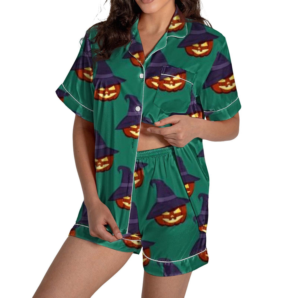 ChenYiFH Halloween Pajama Sets For Women 2 Piece Pumpkin Print Shirts And Pajamas Shorts Button Down Short Sleeve Sleepwear Black S