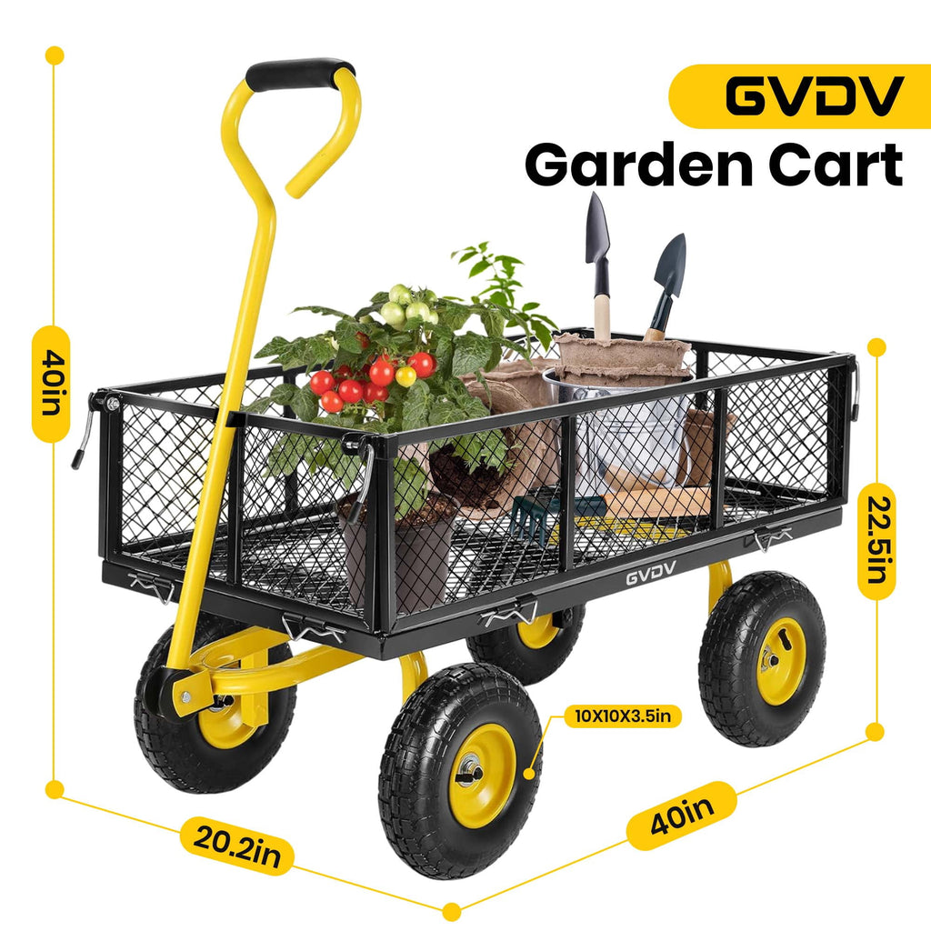 GVDV Heavy Duty Steel Garden Cart with Liner, 40" x 20", 660lbs Capacity, 10" Wheel, Utility Cart for Yard Work Hauling and Outdoor Use, Black/Yellow