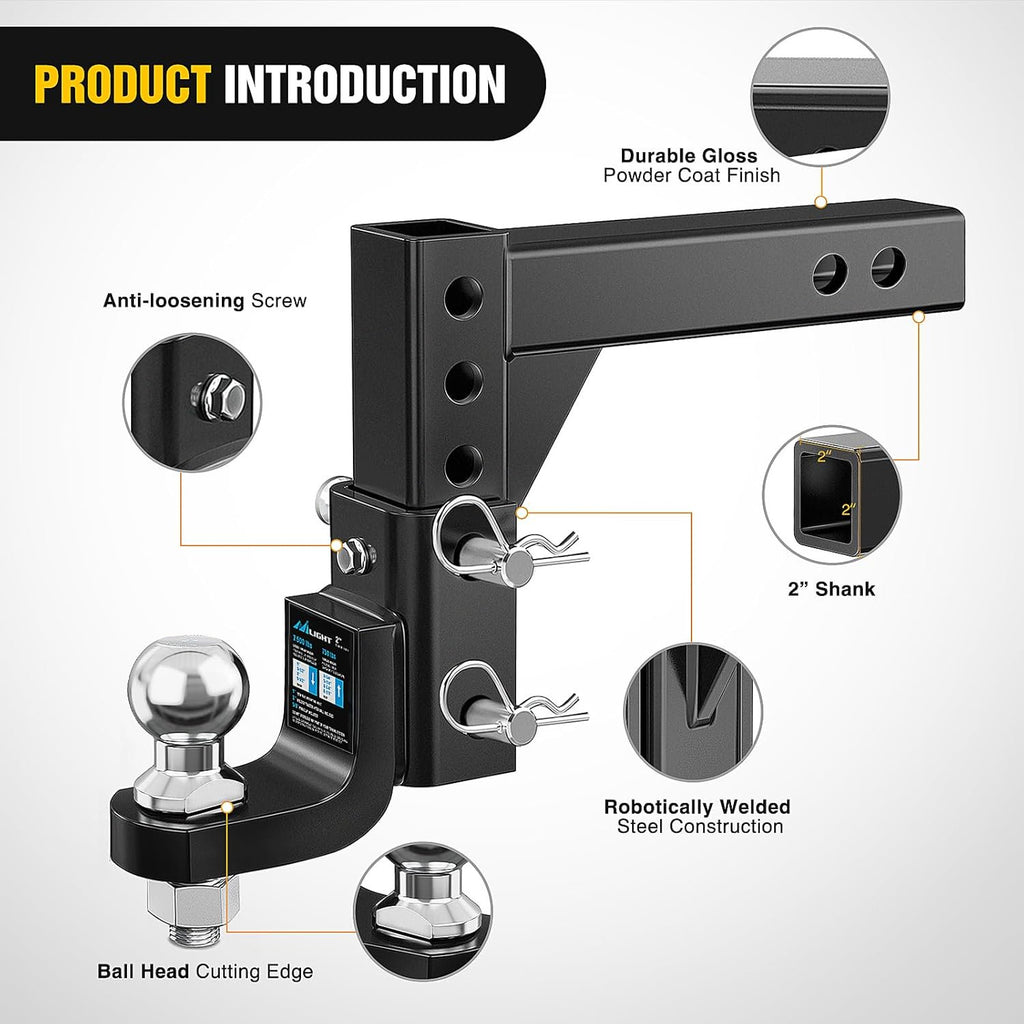 Nilight 8-Position Adjustable Trailer Hitch Ball Mount with 2 inch Ball Fits 2 Inch Receiver with 5/8" Pin Lock 7500 lbs, 9-1/2" Drop, 8-1/4" Rise