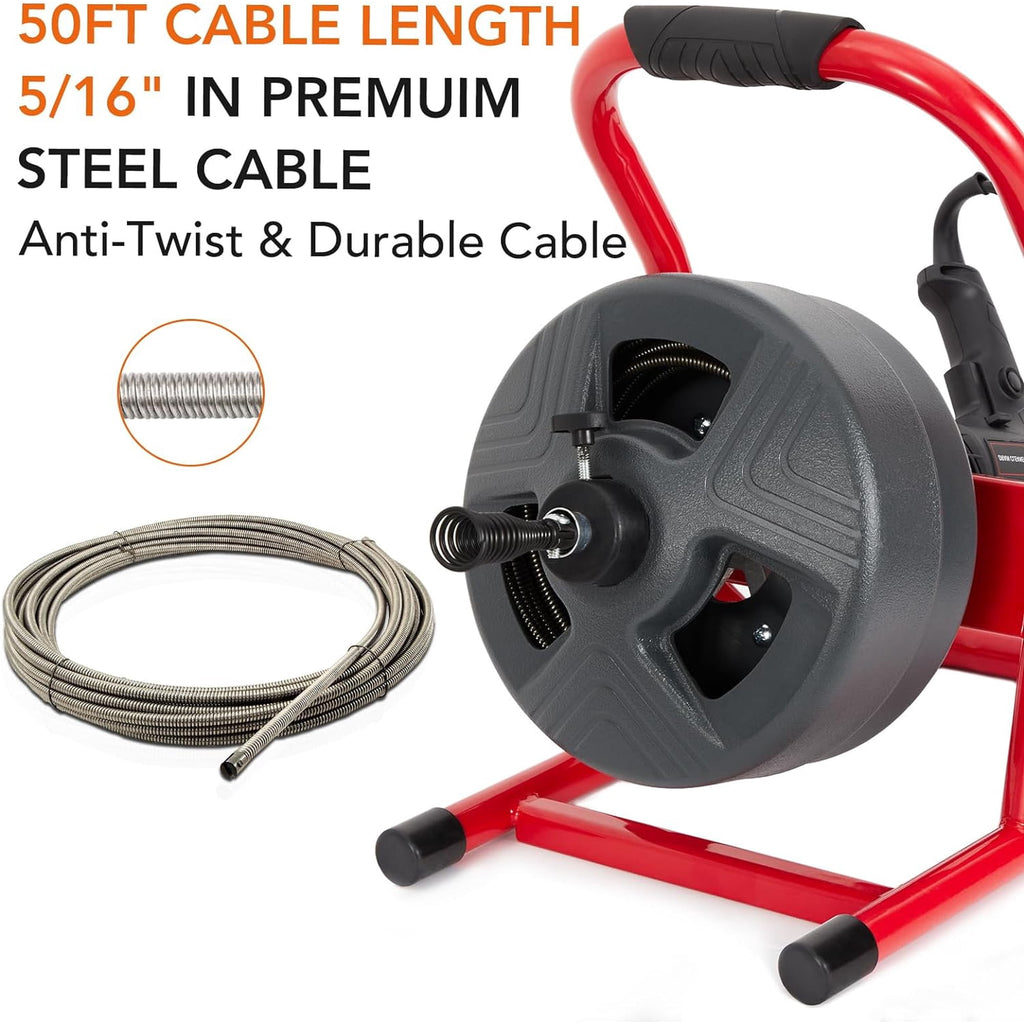 50Ft x 5/16 Inch Drain Cleaner Machine, Professional Electric Drain Auger for 3/4-3 Inch Pipes, Foot Switch with 6 Cutters, Gloves, Drain Auger