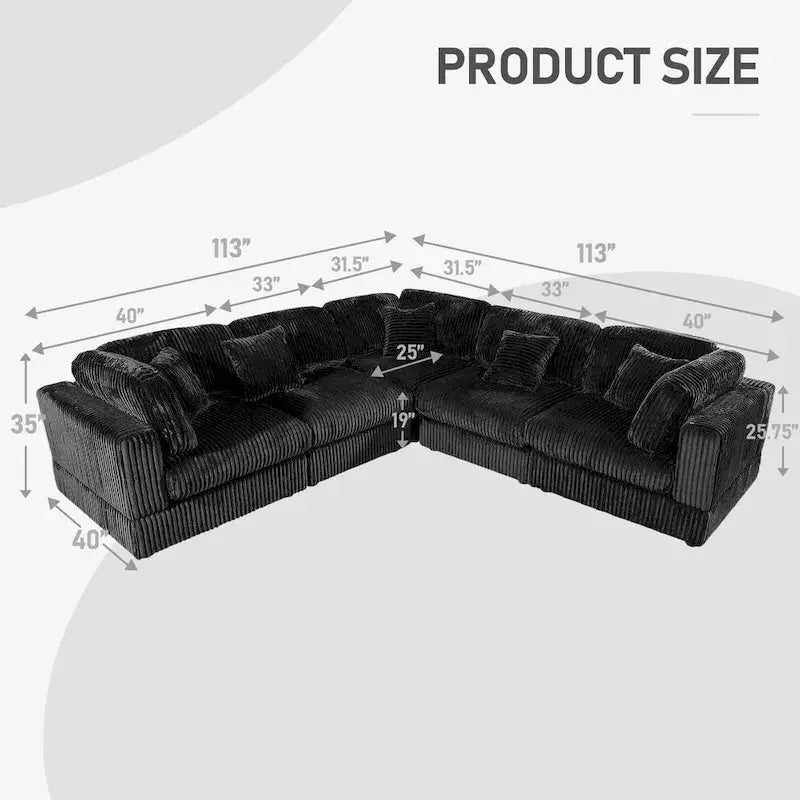 Modular L-Shaped Sectional Sofa, 6-Piece Corduroy Upholstered Configuration