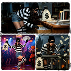 7Pcs Bank Robber Costume for Women, Burglar Outfit with Striped Shirt for Halloween Cosplay