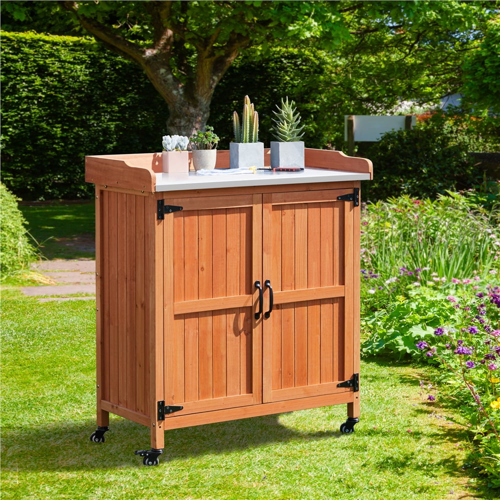 Yaheetech Wooden Garden Potting Bench Table with Storage Cabinet for Outdoor, Brown