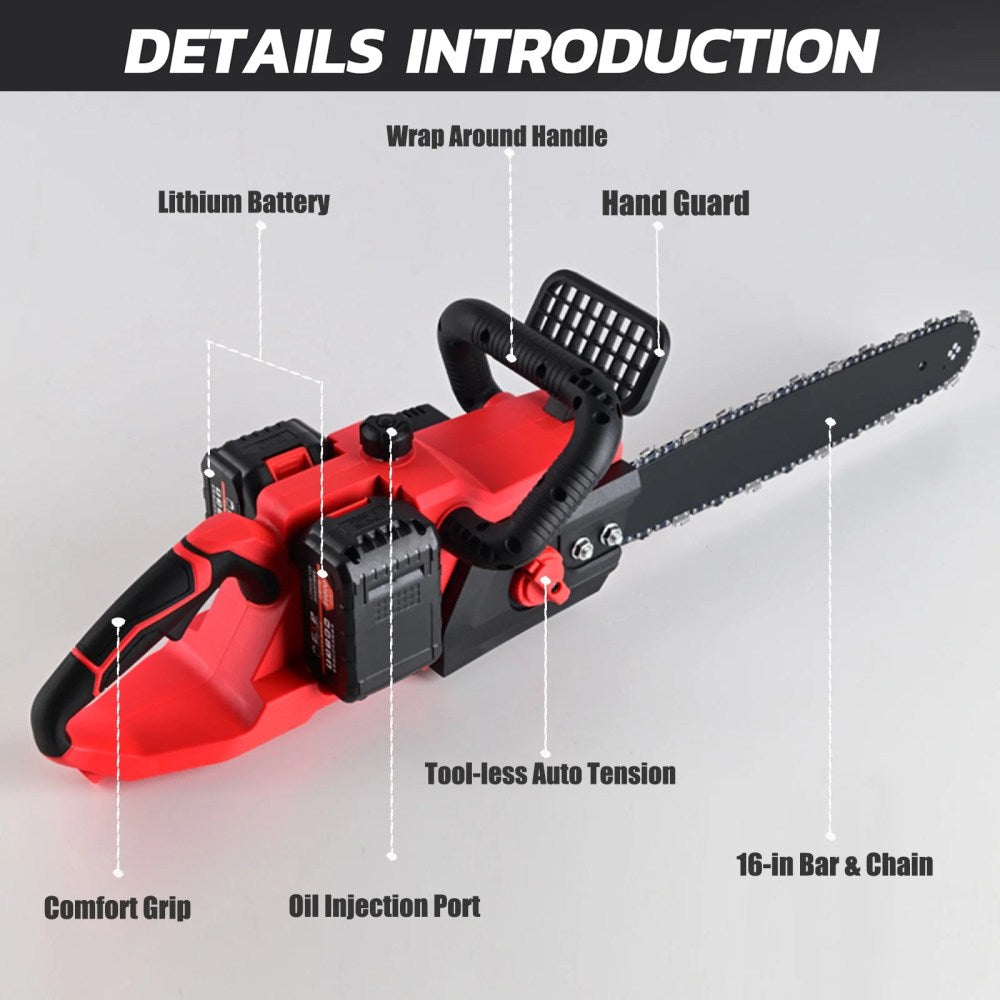16 Inch 42V Brushless Cordless Chainsaw Kit, 1200W With 2x2000mAh Batteries And 2 Chains