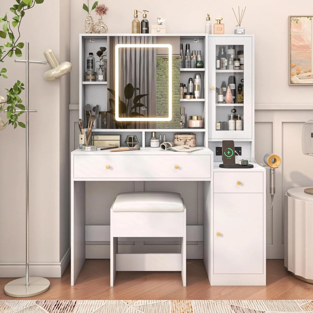 White Vanity Desk With Sliding LED Mirror, Charging Station, 2 Drawers, 2 Doors And Cushioned Stool - 15.7'D x 43'W x 57'H