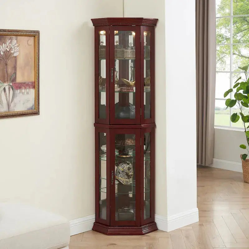 Corner Display Curio Cabinet With Tempered Glass Shelves, Mirrored Back And Built-In Lighting, 69.75H x 21.5W x 16D