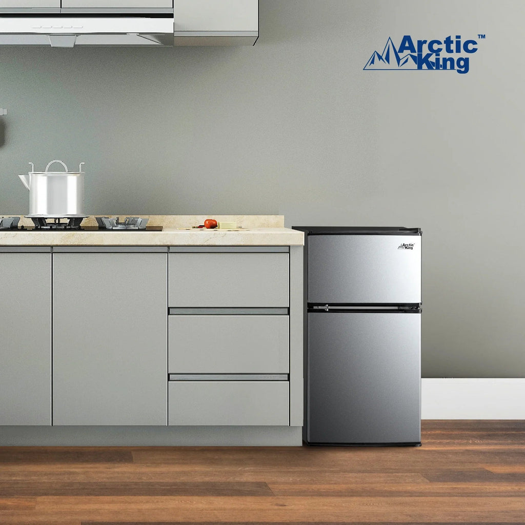 Arctic King Two-Door Mini Fridge With Freezer, 3.2 Cu. Ft., Stainless Steel