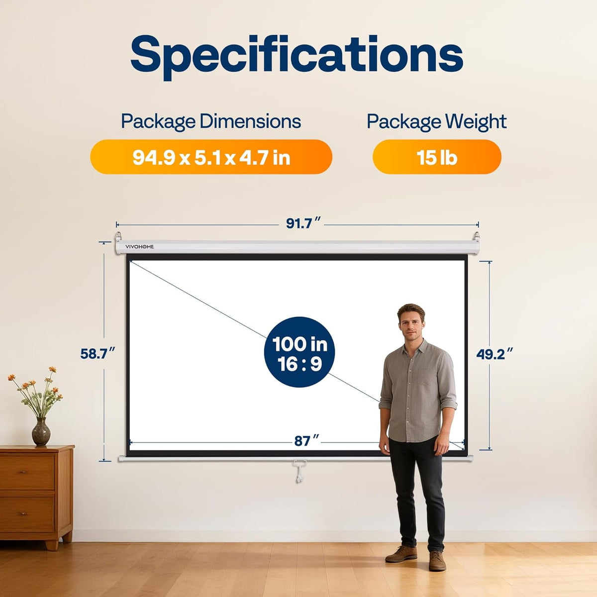 SPECSTAR 100 inch Manual Pull Down Projector Screen, 16:9 HD Retractable Projector Screens with Auto Locking for Movie Home Theater Cinema Office
