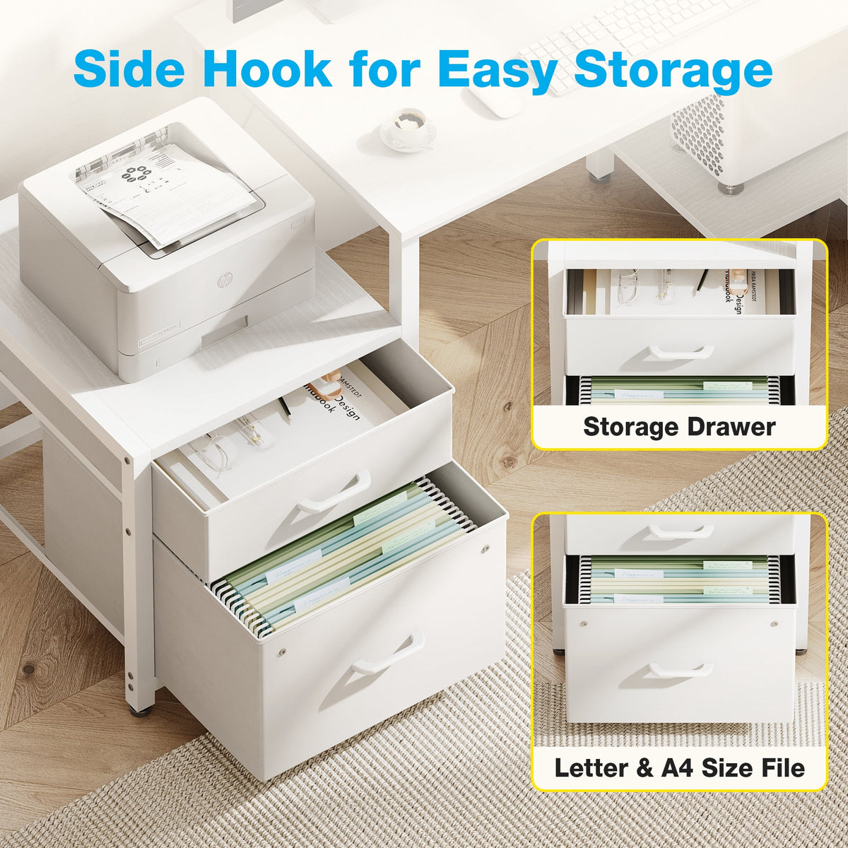 Casacomoda L Shaped Desk with Power Outlets, Large Computer Desk with File Drawer, Home Office Desk with Printer Stand & Storage Shelves, Corner Desk