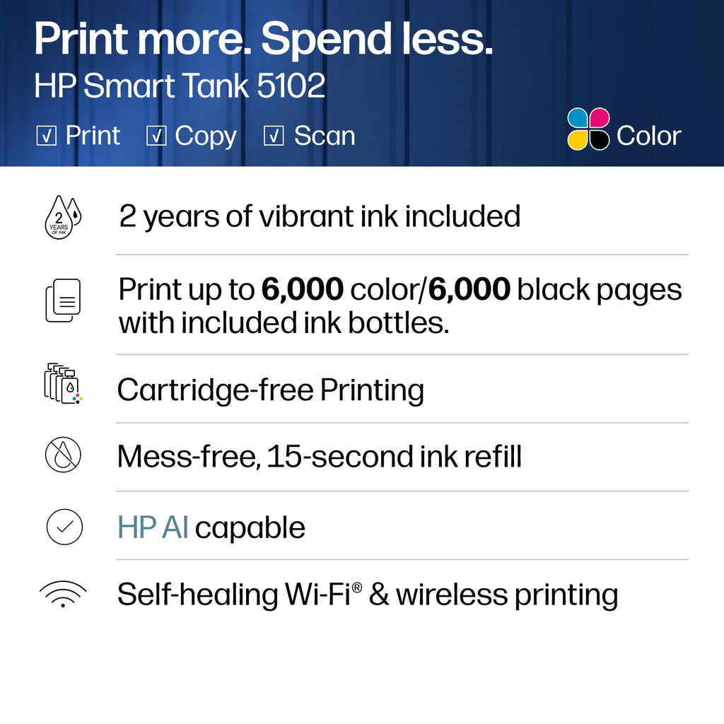 HP Smart Tank 5102 Wireless All-in-One Cartridge-Free Ink Tank Printer, 2 Yrs Ink Incl, Surf Blue