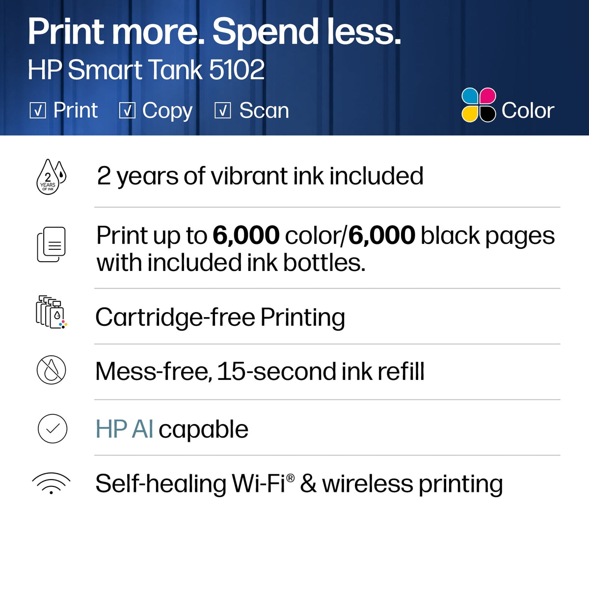 HP Smart Tank 5102 Wireless All-in-One Cartridge-Free Ink Tank Printer, 2 Yrs Ink Incl, Surf Blue