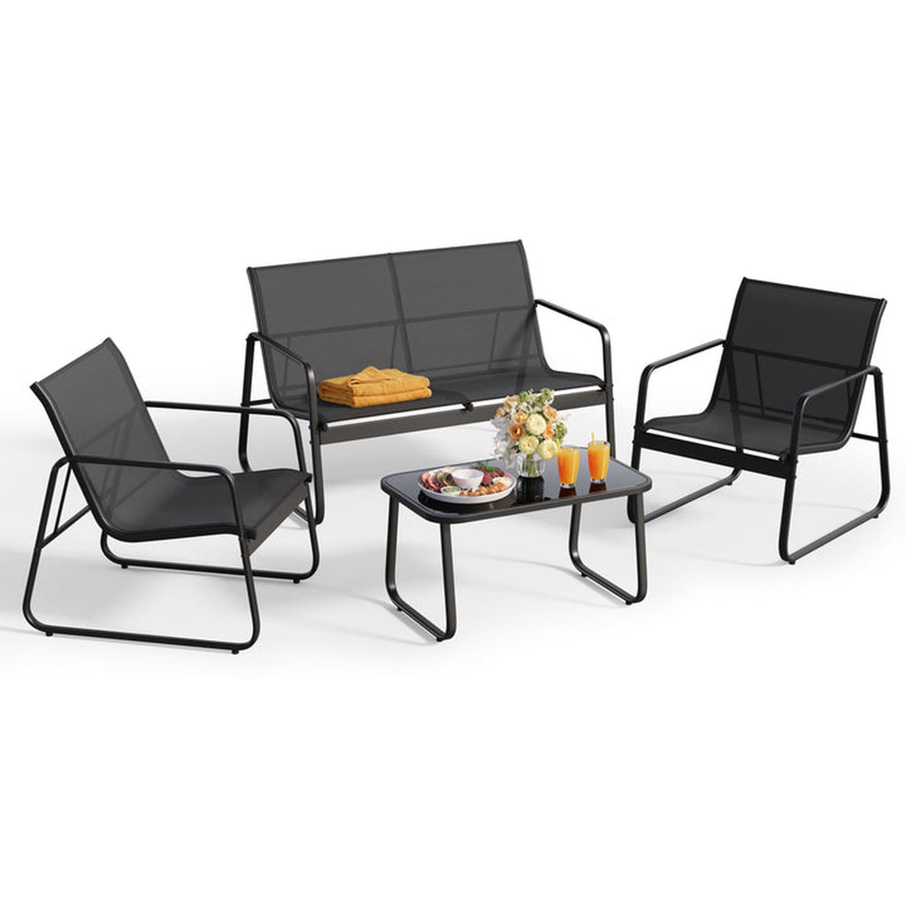 4-Piece steel Patio Furniture Set, Outdoor Leisure Table & Chair Combination with Tempered Glass Coffee Table, Ideal for Porch, Garden & Lawn Black