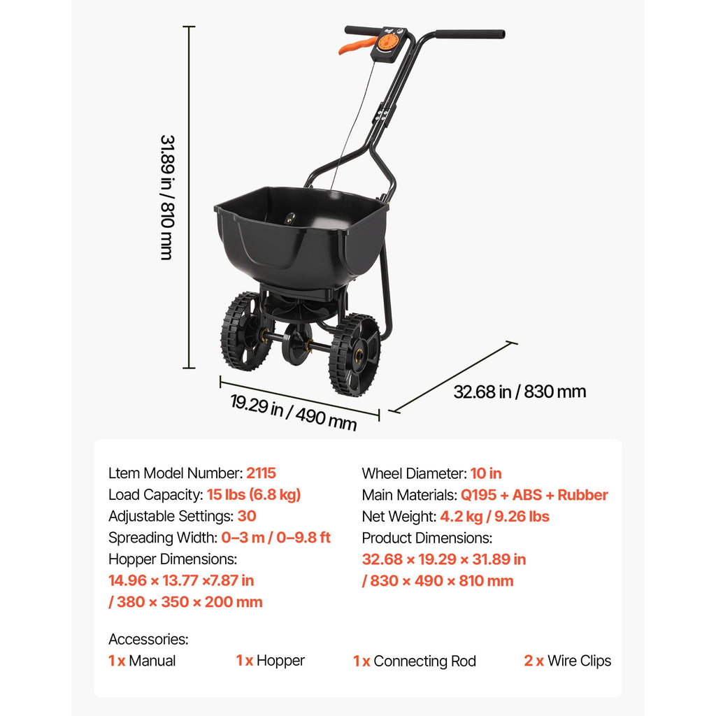 KFFKFF Walk-Behind Spreader Steel Frame Plastic Hopper 15lb Capacity 9.8ft Broadcast Width 10 Inch Pneumatic Tires Adjustable Flow Lawn Fertilizer