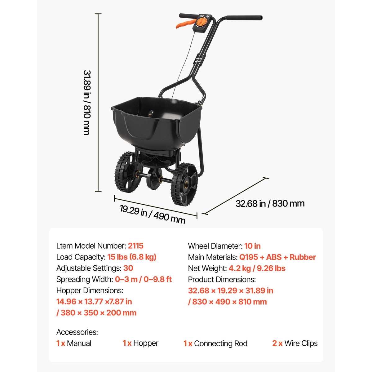 KFFKFF Walk-Behind Spreader Steel Frame Plastic Hopper 15lb Capacity 9.8ft Broadcast Width 10 Inch Pneumatic Tires Adjustable Flow Lawn Fertilizer