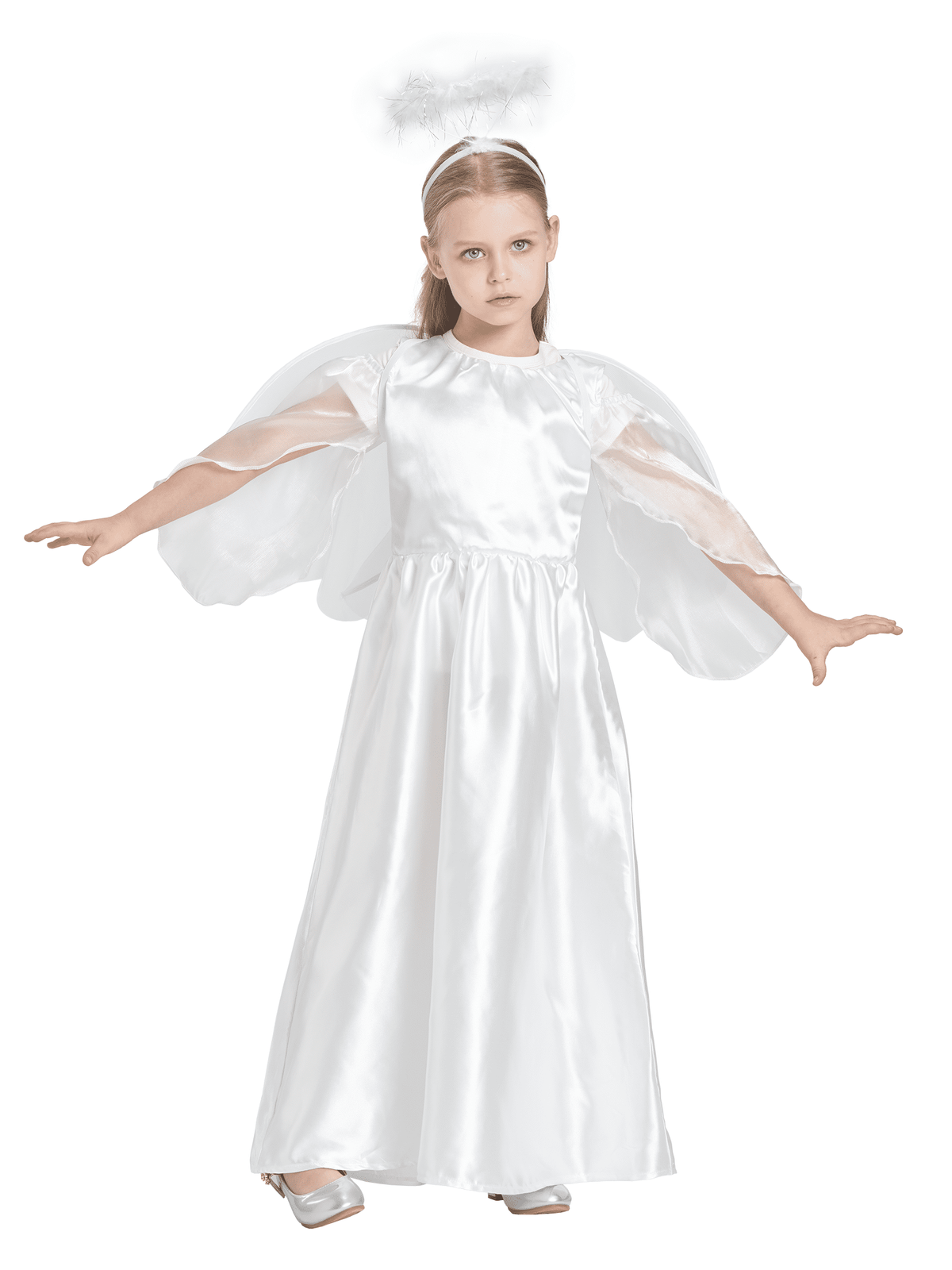 Girls Angel Costume, 3 Pcs Dress Halo Wings White Fancy Dress Up for Nativity Halloween Christmas 3-4 Years