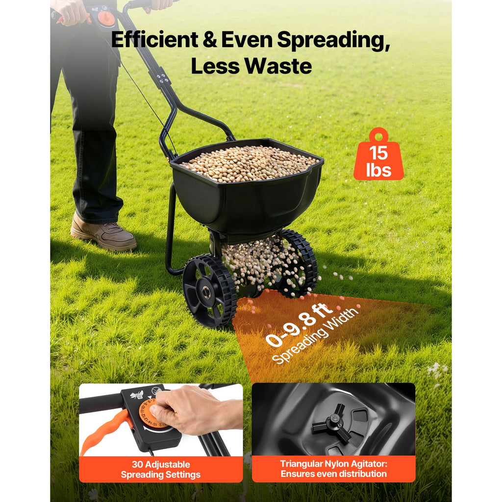 KFFKFF Walk-Behind Spreader Steel Frame Plastic Hopper 15lb Capacity 9.8ft Broadcast Width 10 Inch Pneumatic Tires Adjustable Flow Lawn Fertilizer