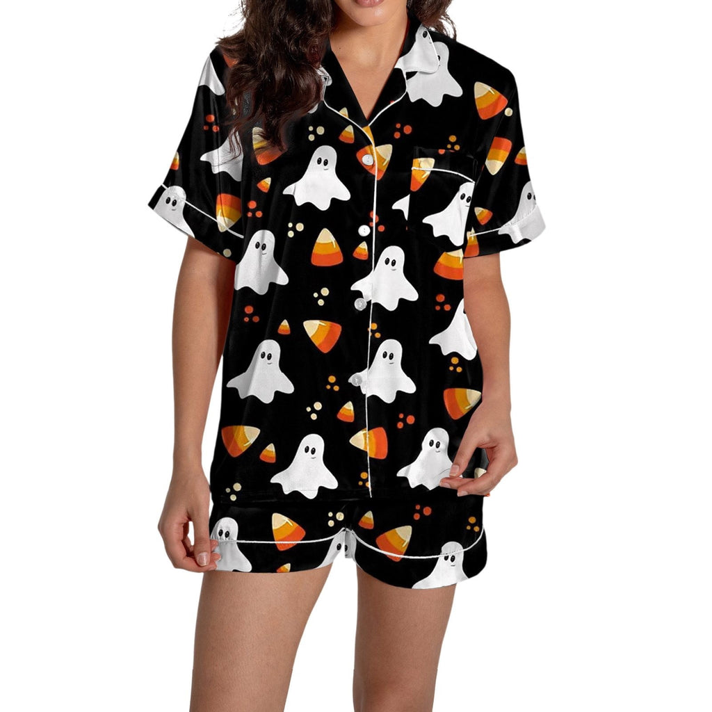ChenYiFH Halloween Pajama Sets For Women 2 Piece Pumpkin Print Shirts And Pajamas Shorts Button Down Short Sleeve Sleepwear Black S