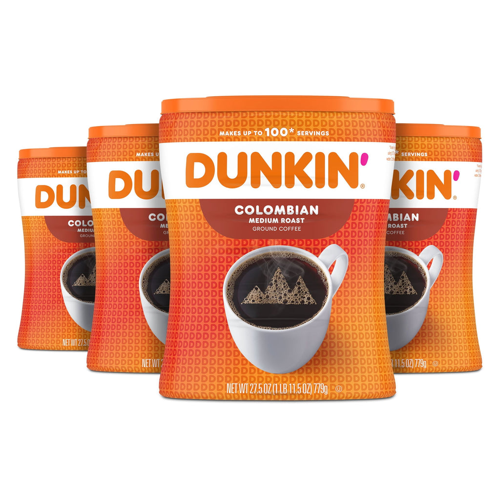 4 pack) Dunkin’ Colombian Medium Roast Ground Coffee, 27.5 oz Canister