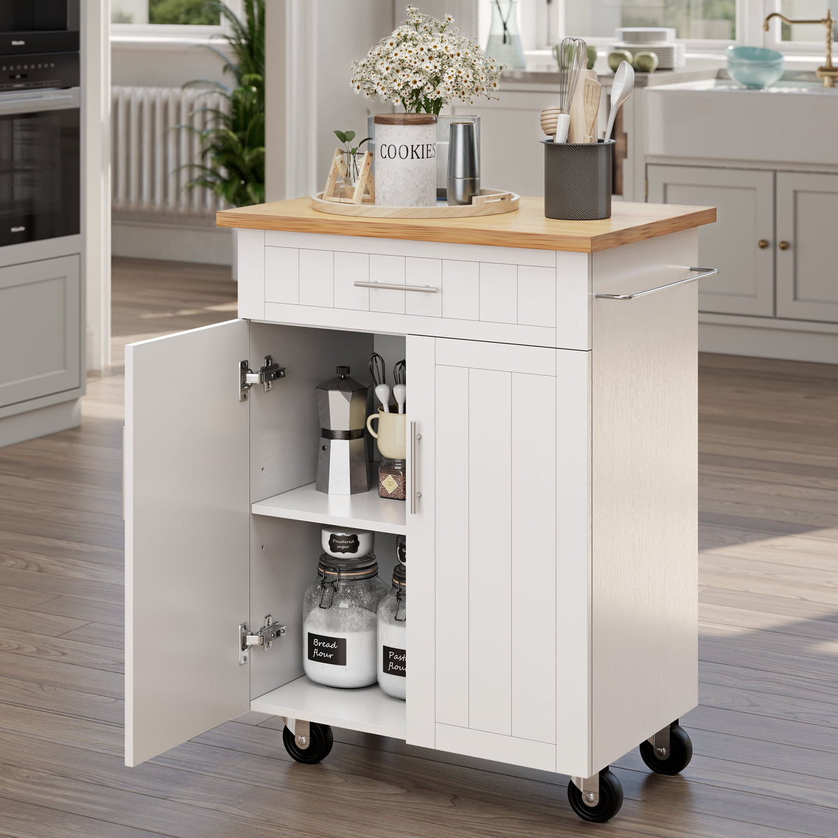 Walsunny Kitchen Island Table Stand with Storage on Wheels,Rolling Kitchen Cart Storage Cabinet with Drawer,White