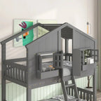 Twin-Over-Twin Playhouse-Style Bunk Bed - Grey With Roof, Window & Safety Rails